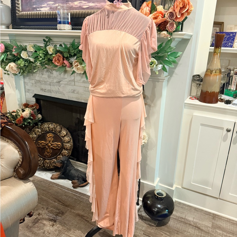 Soft Blush Wide-Leg Jumpsuit with Layered Side Ruffles